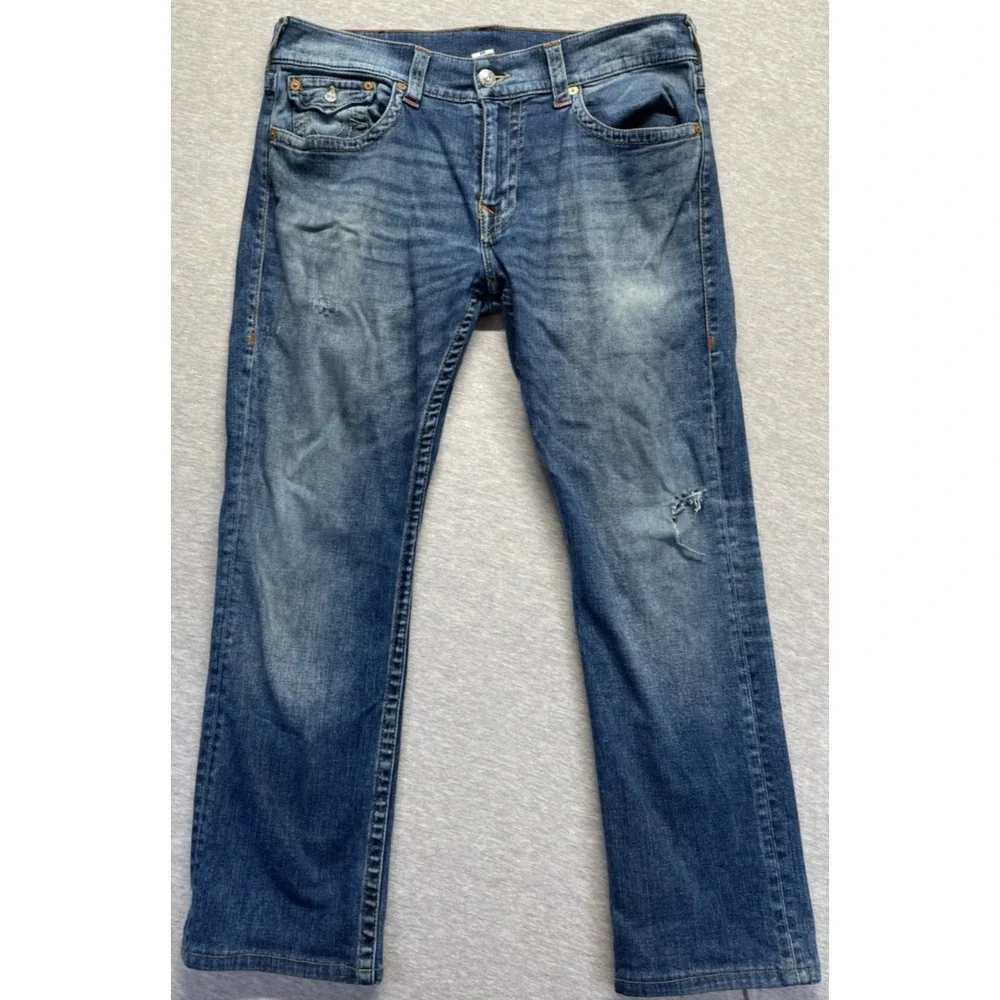 True Religion Jeans Men 36 Blue Medium Wash Denim Cotton Straight Leg Distressed